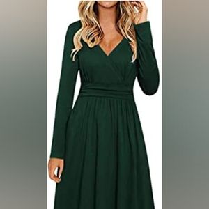 VOTEPRETTY Long Sleeve V Neck Wrap Casual Party Midi Dress with pockets